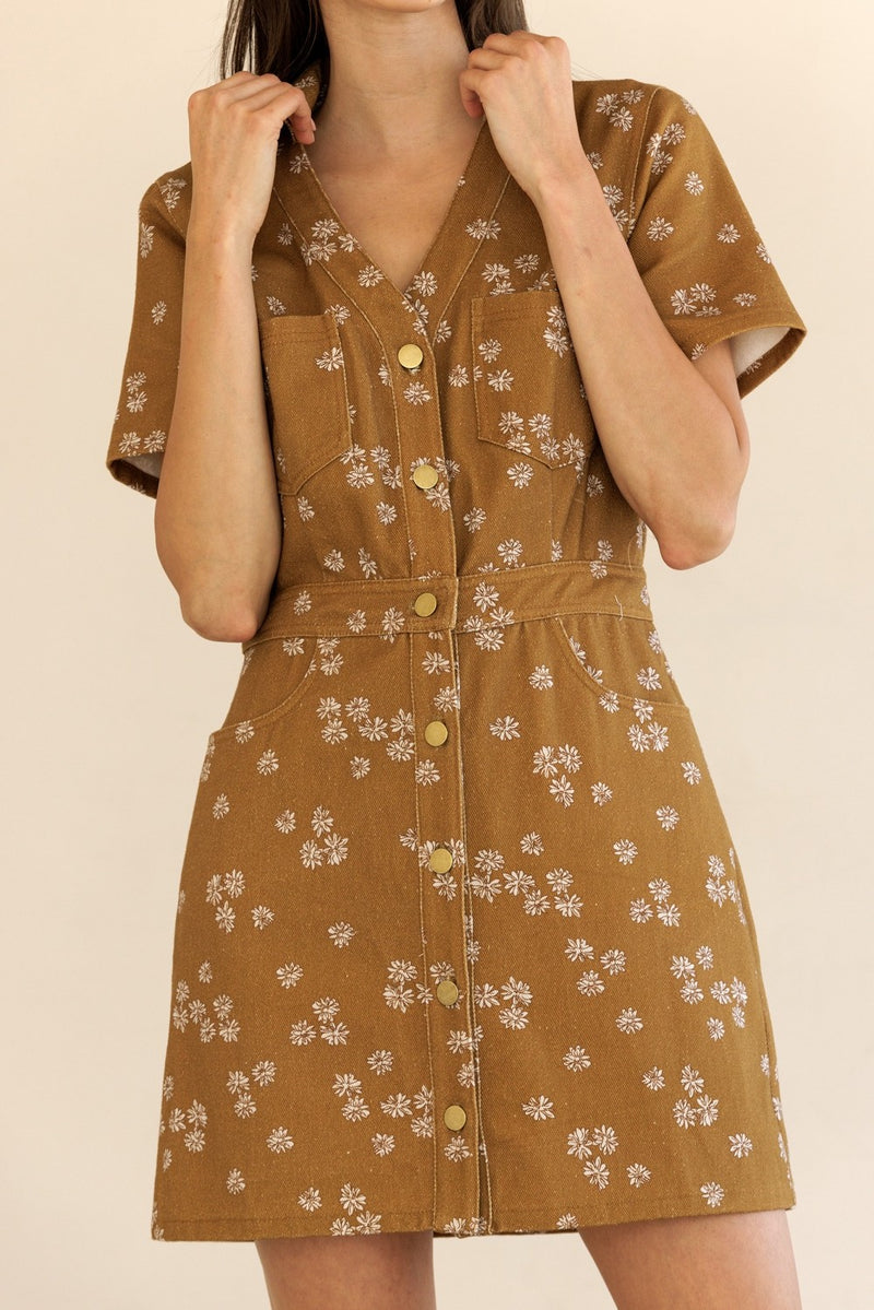 Susannah Collared Shirt Dress, Dark Mustard/Ivory Floral