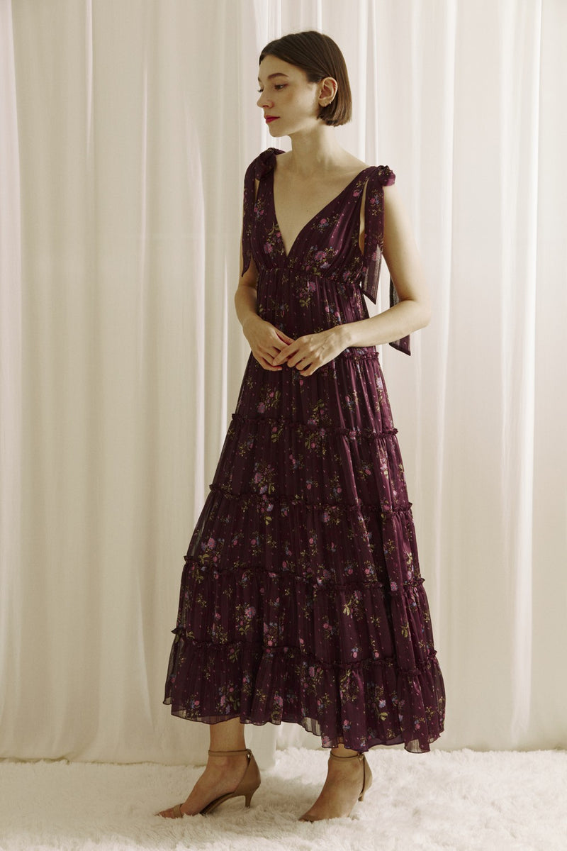 Gigi Tie Strap Printed Maxi Dress, Plum Multi Floral