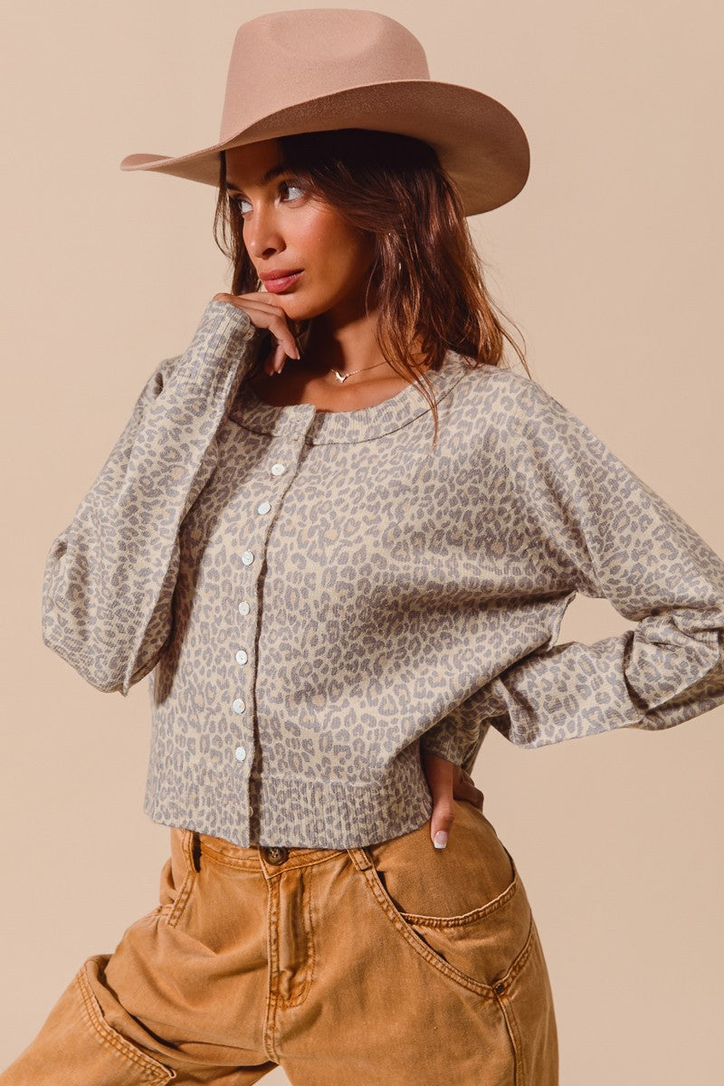 April Leopard Sweater Cardigan, Vintage Oatmeal