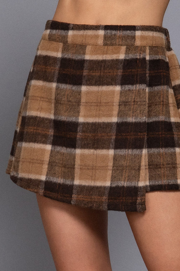 Malaya Wrap Front Plaid Skort, Khaki/Brown