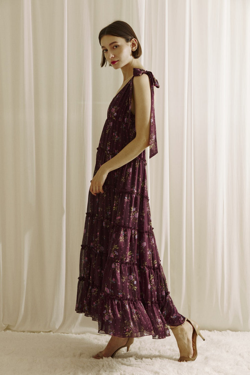 Gigi Tie Strap Printed Maxi Dress, Plum Multi Floral