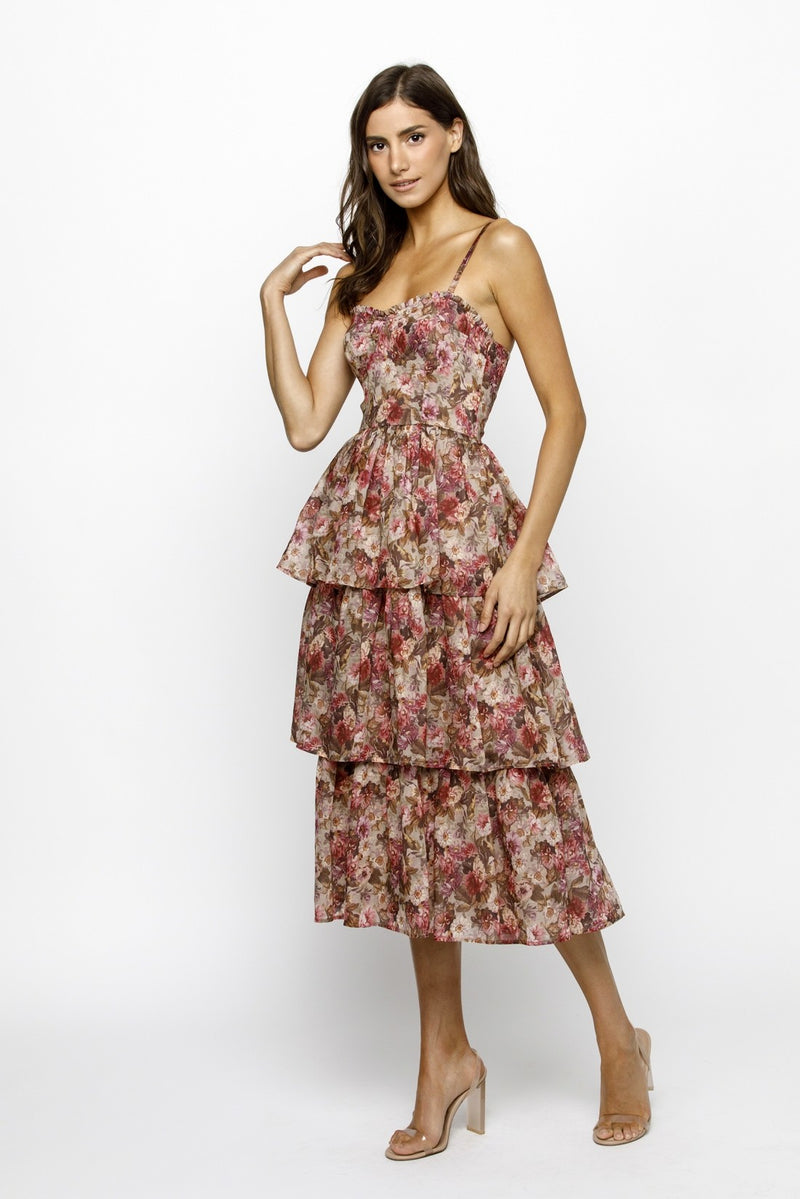 Scottie Tiered Ruffle Dress, Beige/Pink Floral