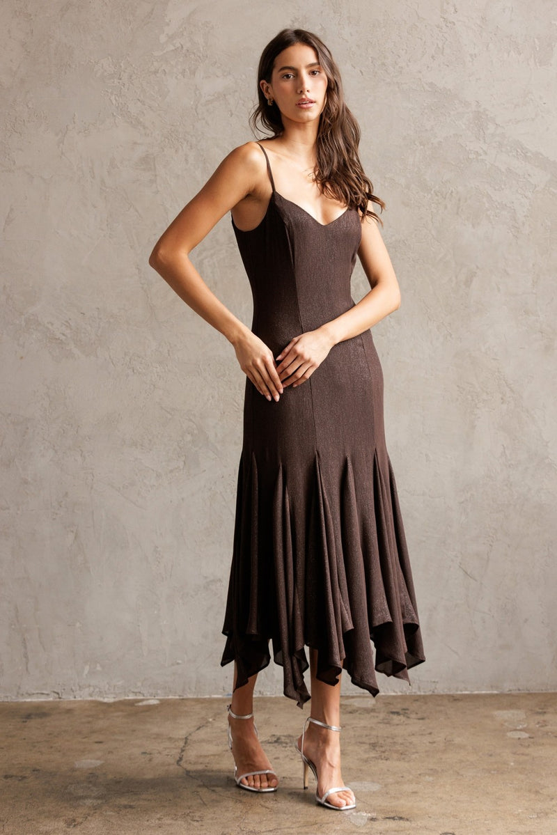 Phoebe Shimmering Asymmetric Hem Dress, Brown
