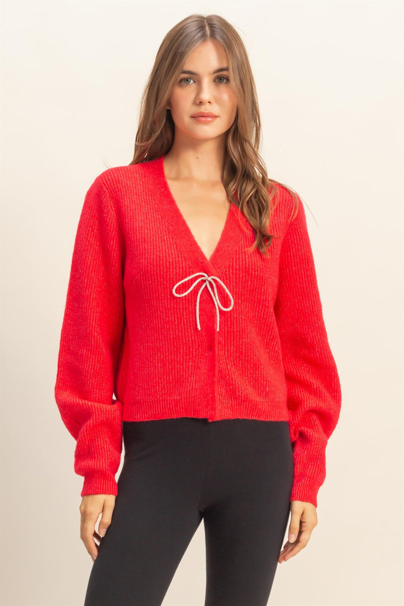 Marie Sparkly Bow Cardigan, Red