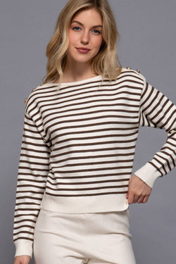 Eloise Buttoned Shoulder Sweater, Cream/Brown