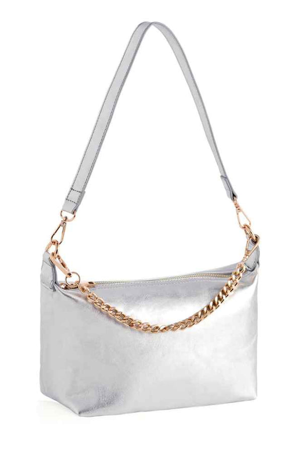 Jessie Shoulder Bag with Chain Handle, Silver
