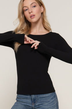Elowyn Double Layer Rib Knit Tee, Black