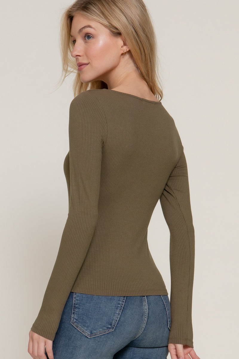 Elowyn Double Layer Rib Knit Tee, Army Olive