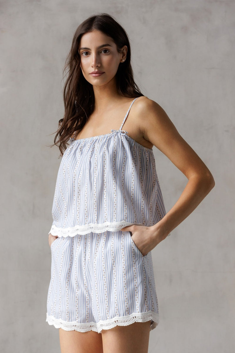 Sofia Floral Pinstripe Lace Hem Shorts, Blue/White/Orange