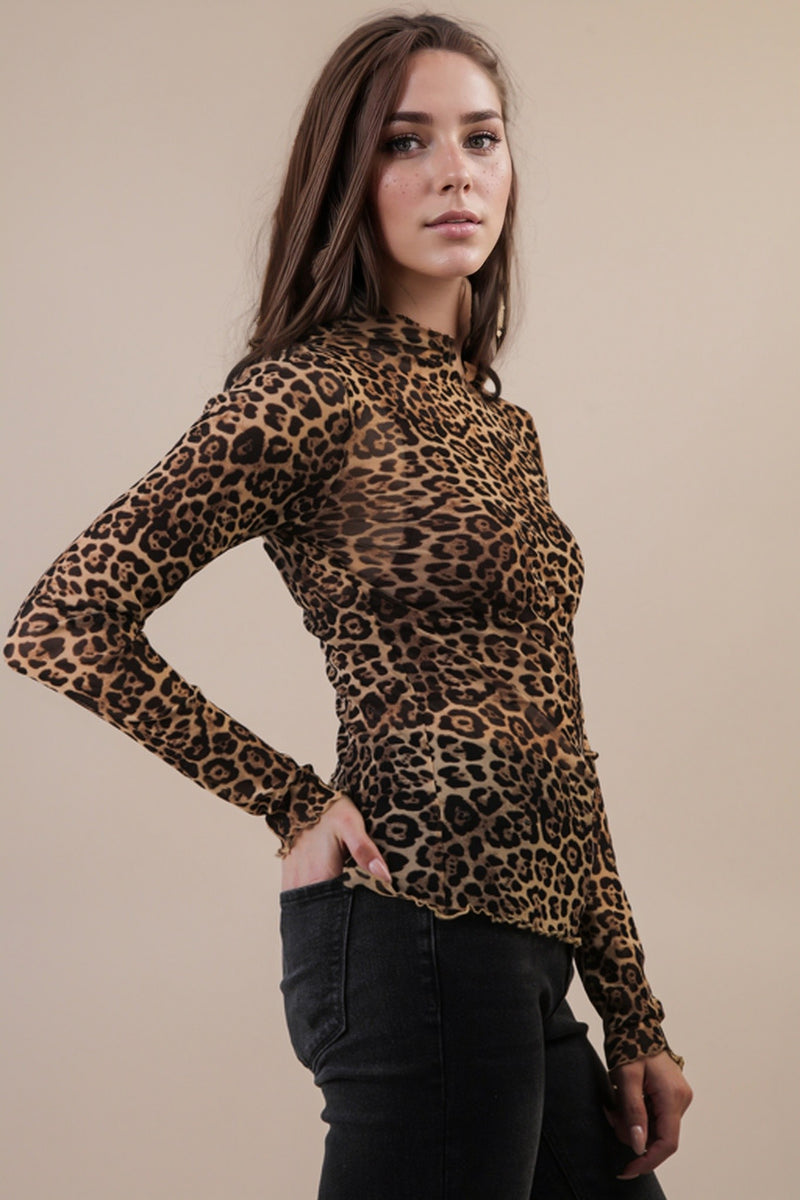 Zane High Neck Mesh Top, Leopard
