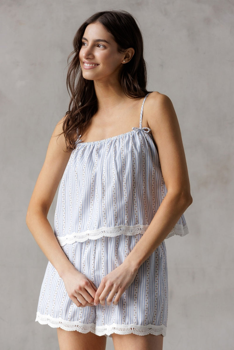 Sofia Floral Pinstripe Lace Hem Top, Blue/White/Orange
