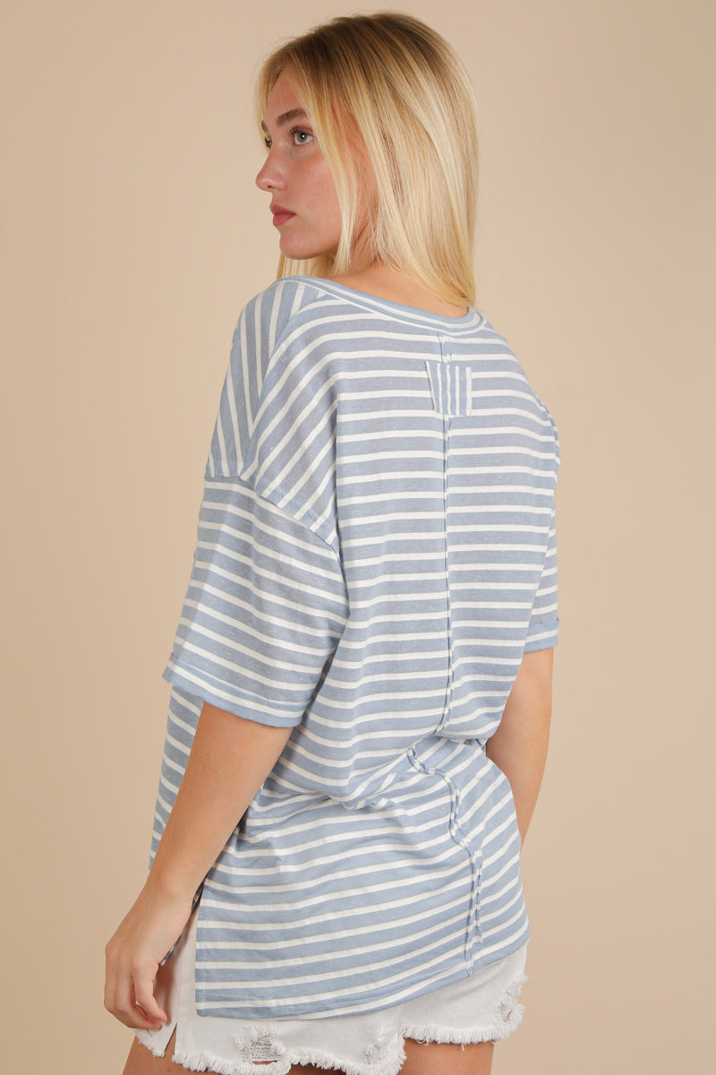 Tiana Raw Edge Striped Top, Sky