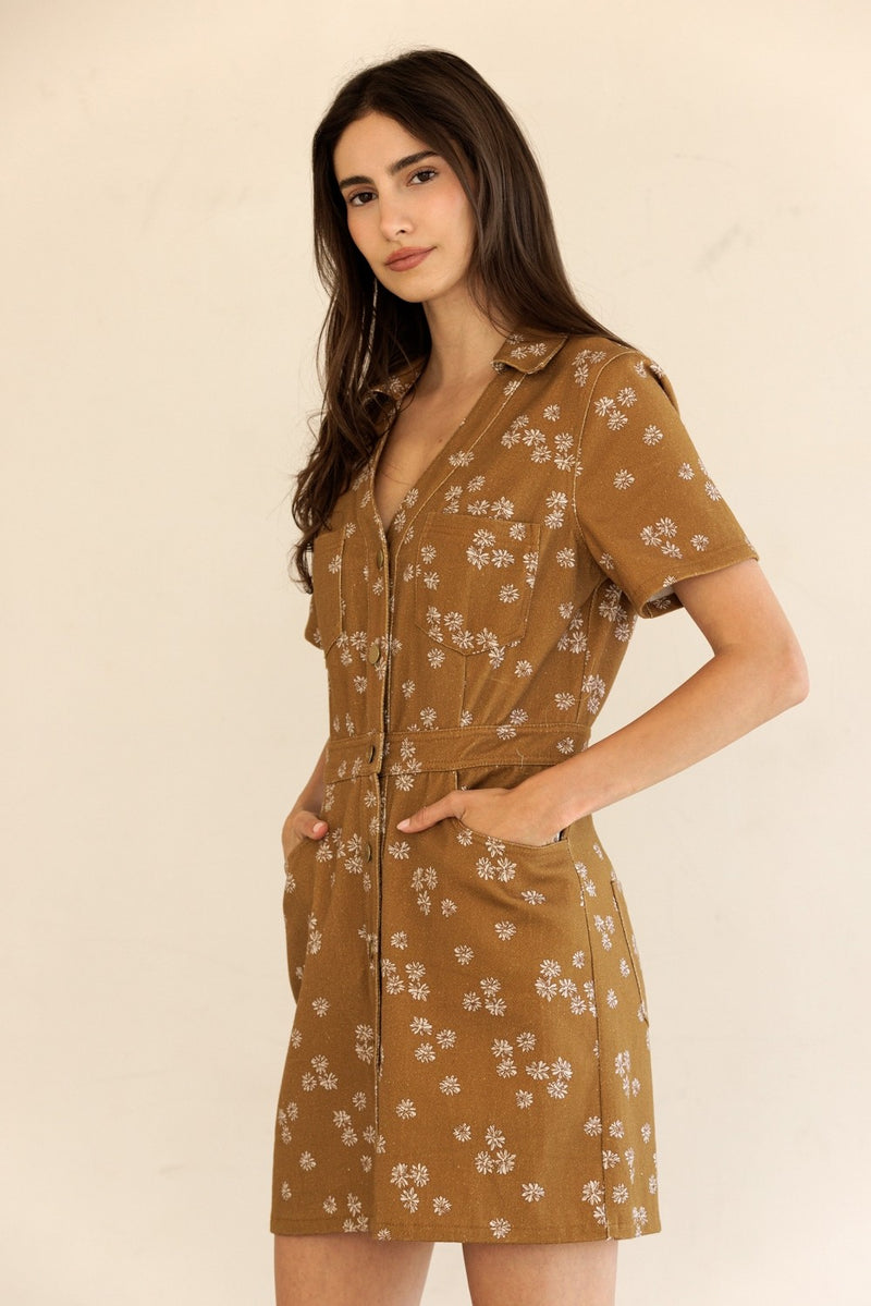 Susannah Collared Shirt Dress, Dark Mustard/Ivory Floral