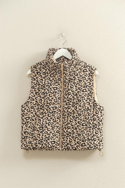 Caroline Leopard Print Puffer Vest, Khaki