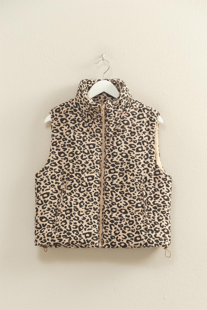 Caroline Leopard Print Puffer Vest, Khaki