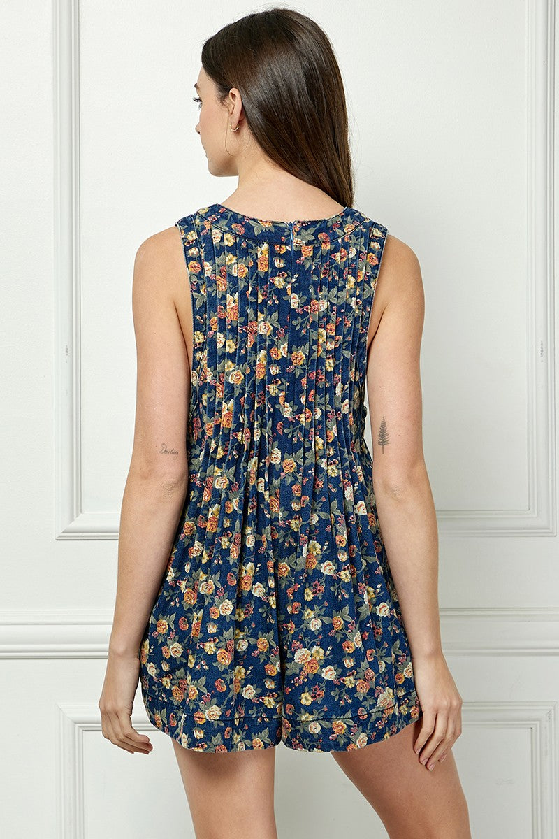 Celina Floral Pleated V-Neck Romper, Peach Combo