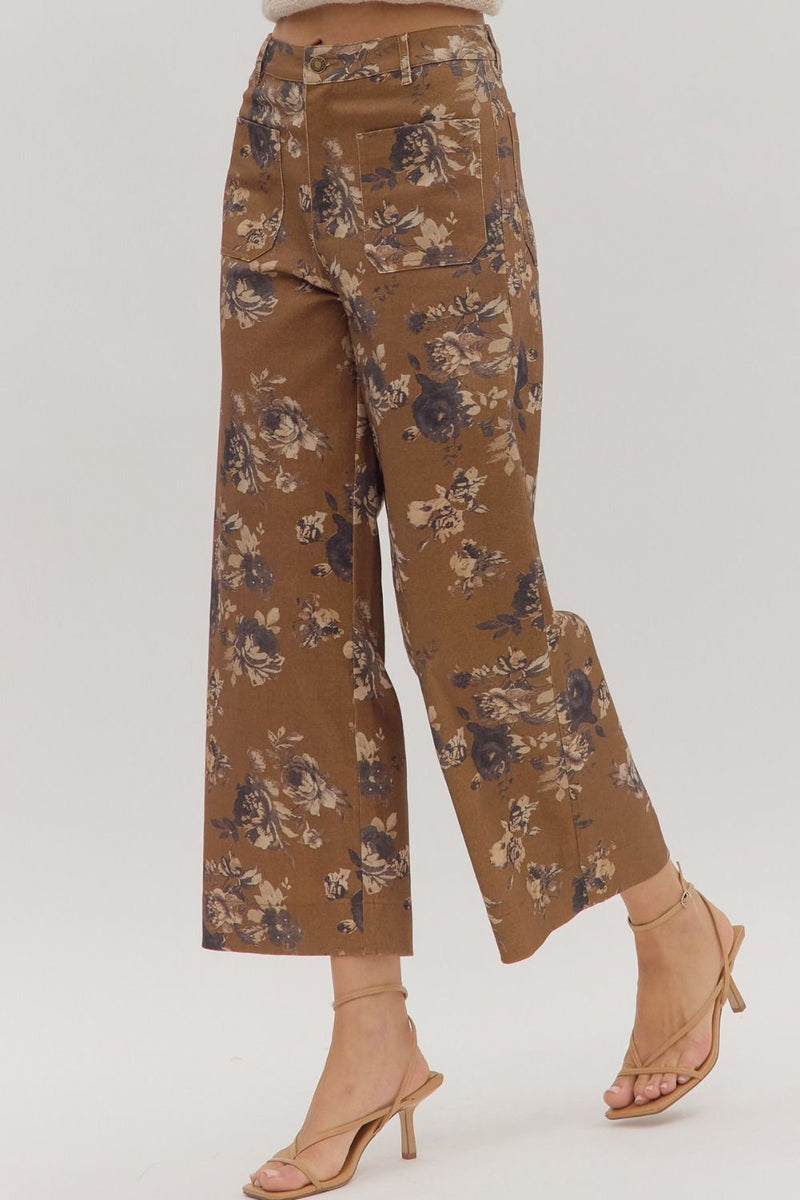 Aubrey Floral Mid Rise Ankle Pants, Caramel