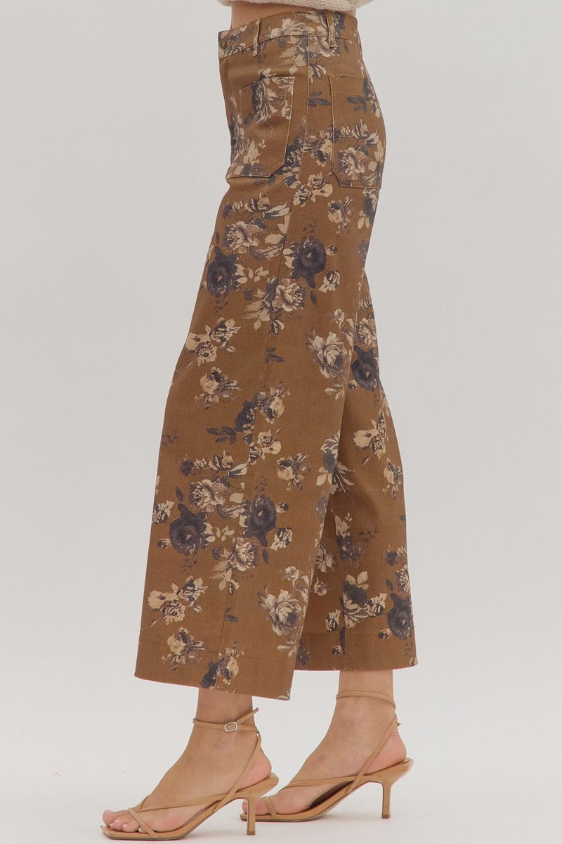 Aubrey Floral Mid Rise Ankle Pants, Caramel