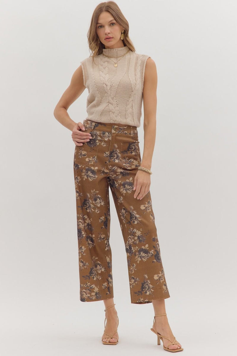Aubrey Floral Mid Rise Ankle Pants, Caramel