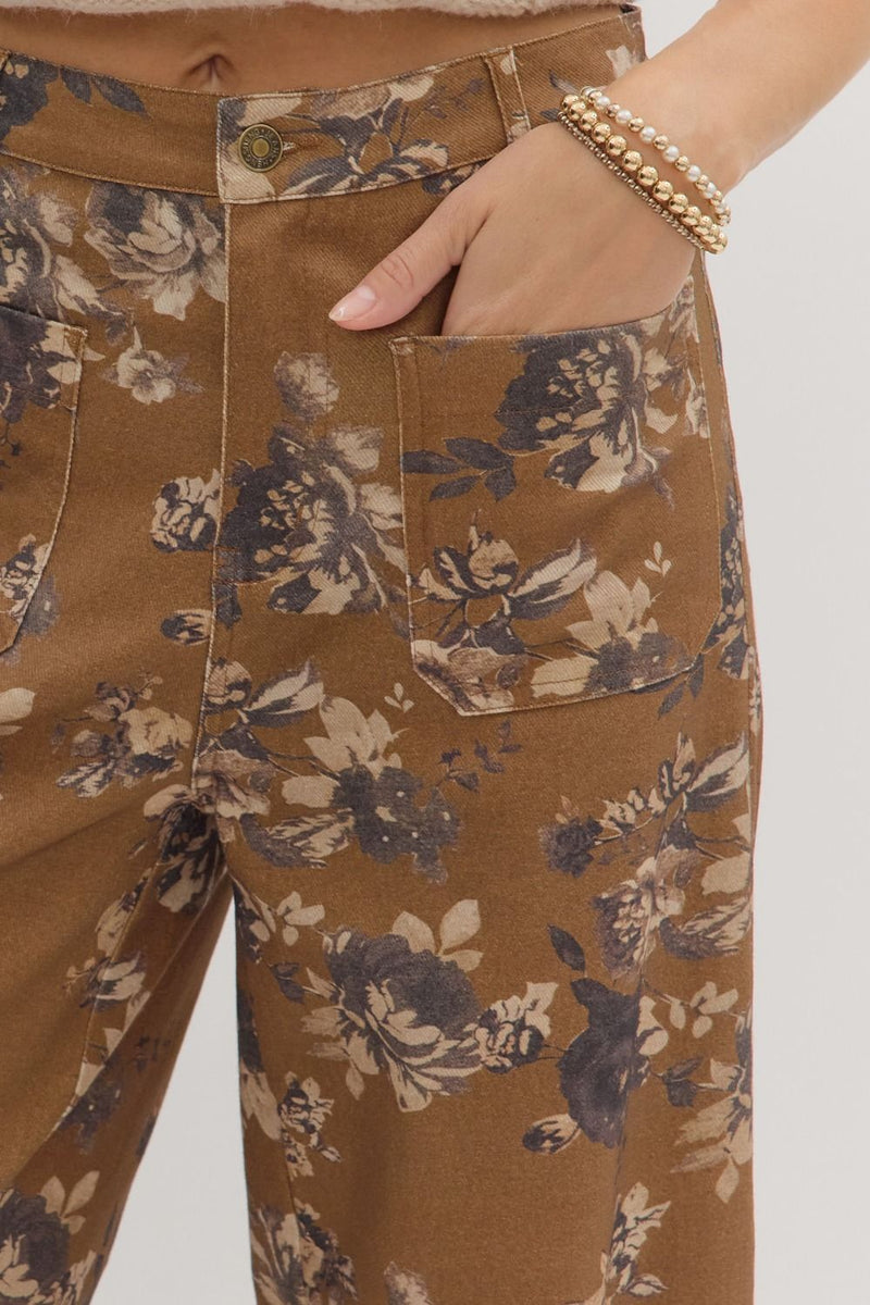 Aubrey Floral Mid Rise Ankle Pants, Caramel