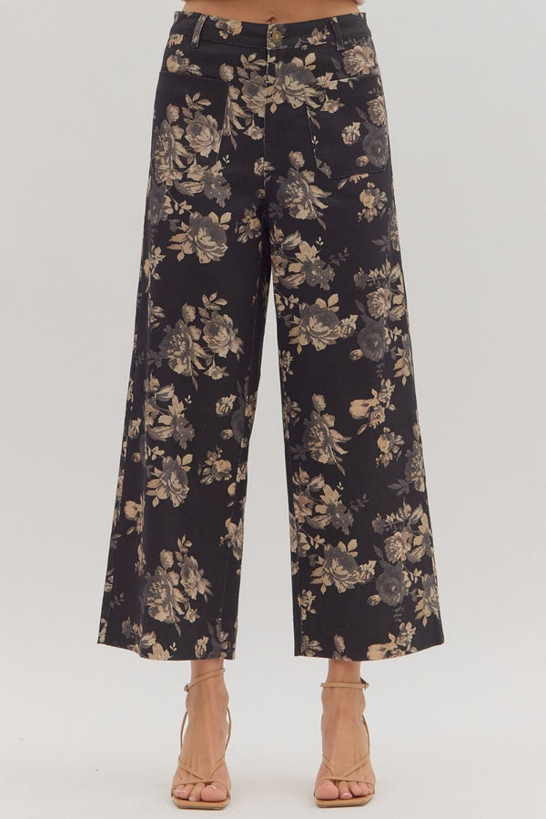Aubrey Floral Mid Rise Ankle Pants, Black