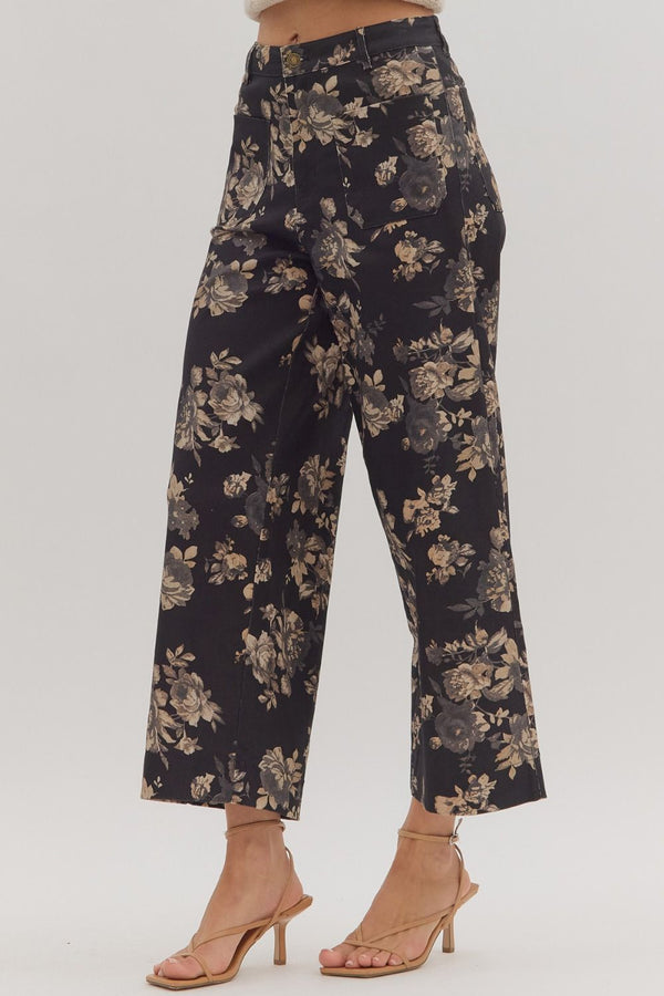 Aubrey Floral Mid Rise Ankle Pants, Black