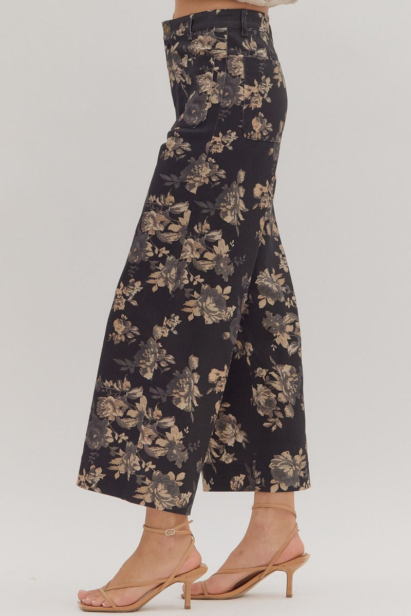 Aubrey Floral Mid Rise Ankle Pants, Black