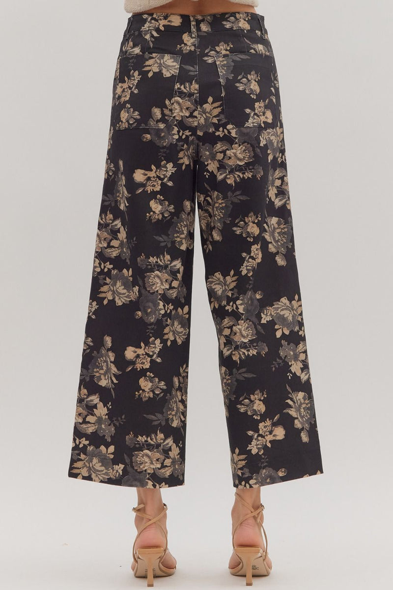 Aubrey Floral Mid Rise Ankle Pants, Black