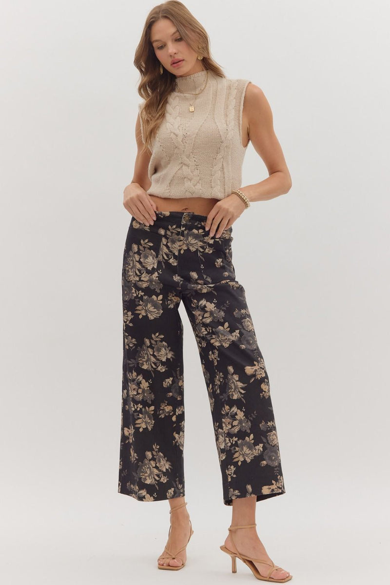 Aubrey Floral Mid Rise Ankle Pants, Black