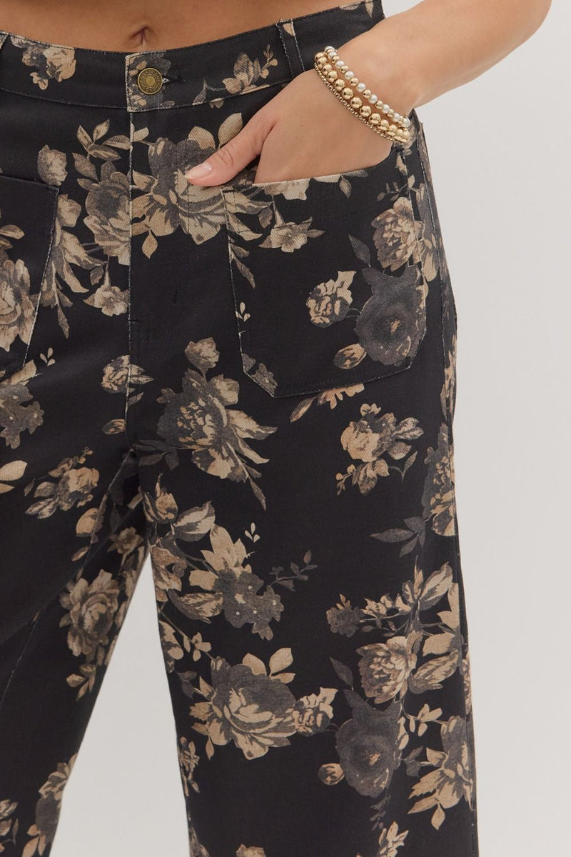 Aubrey Floral Mid Rise Ankle Pants, Black