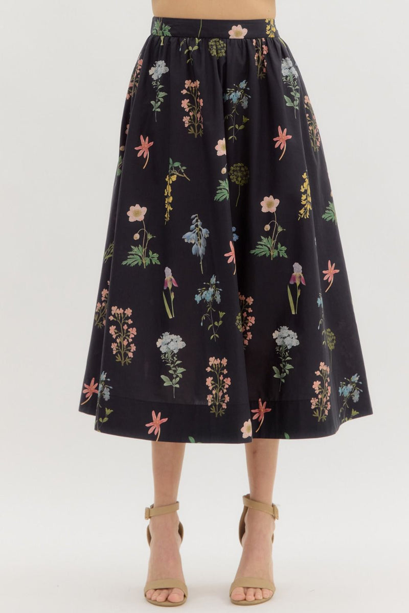 Evelyn Floral Print Midi Skirt, Black