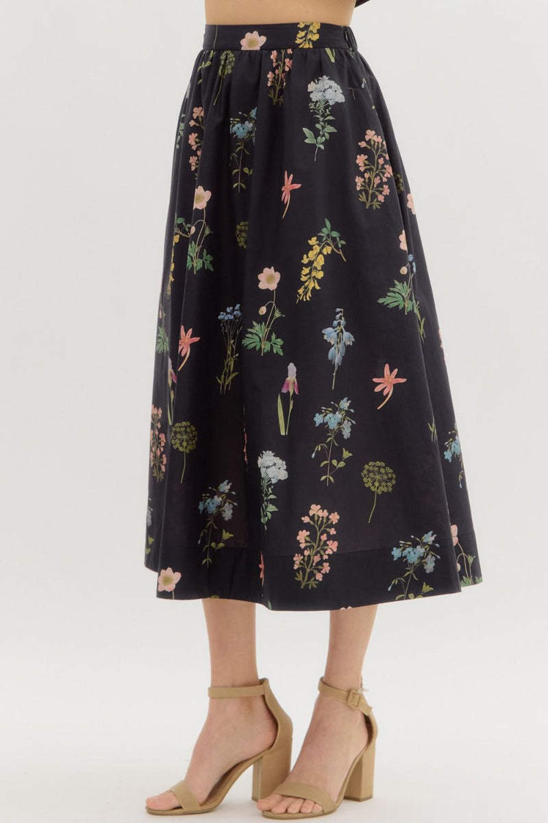 Evelyn Floral Print Midi Skirt, Black