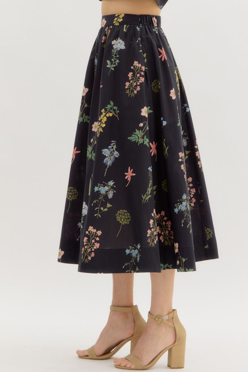 Evelyn Floral Print Midi Skirt, Black