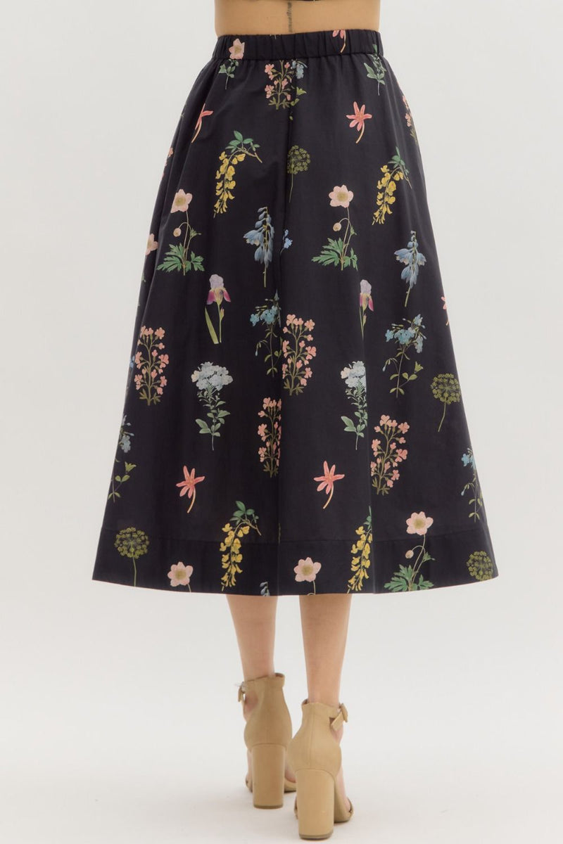 Evelyn Floral Print Midi Skirt, Black