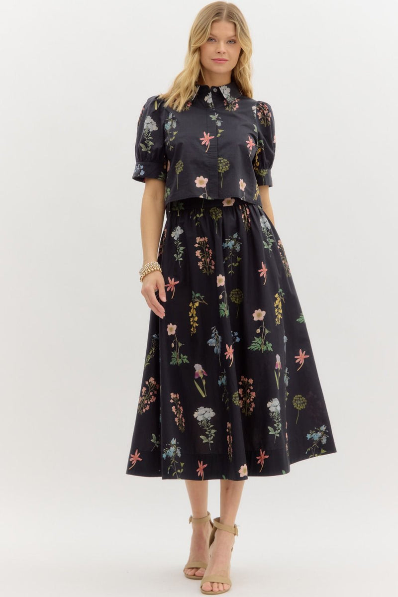 Evelyn Floral Print Midi Skirt, Black