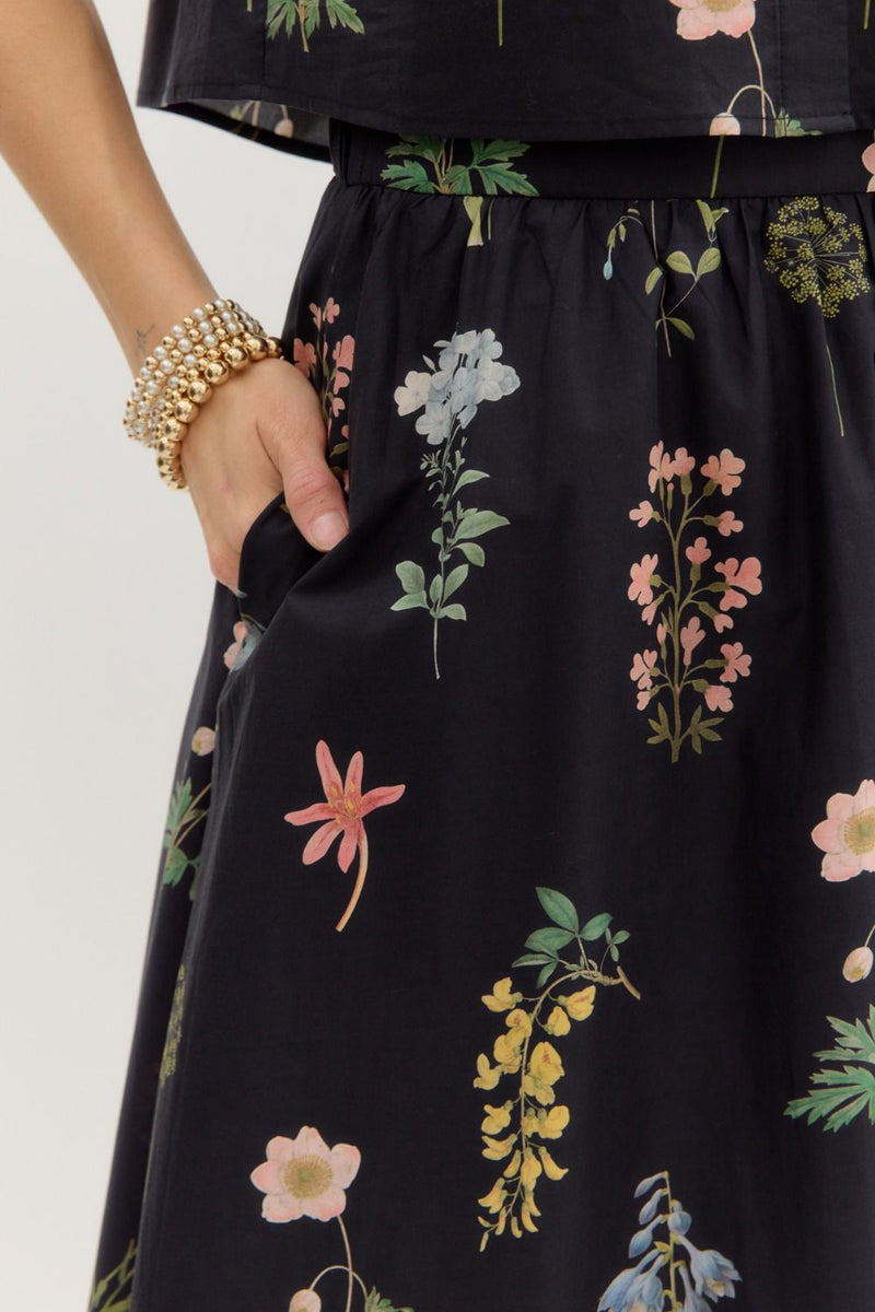 Evelyn Floral Print Midi Skirt, Black