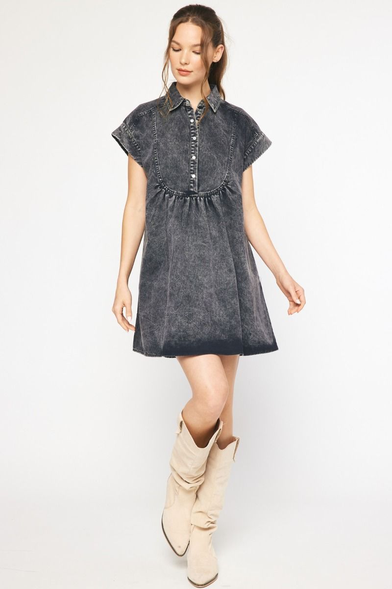 Brynlee Washed Denim Dress, Black