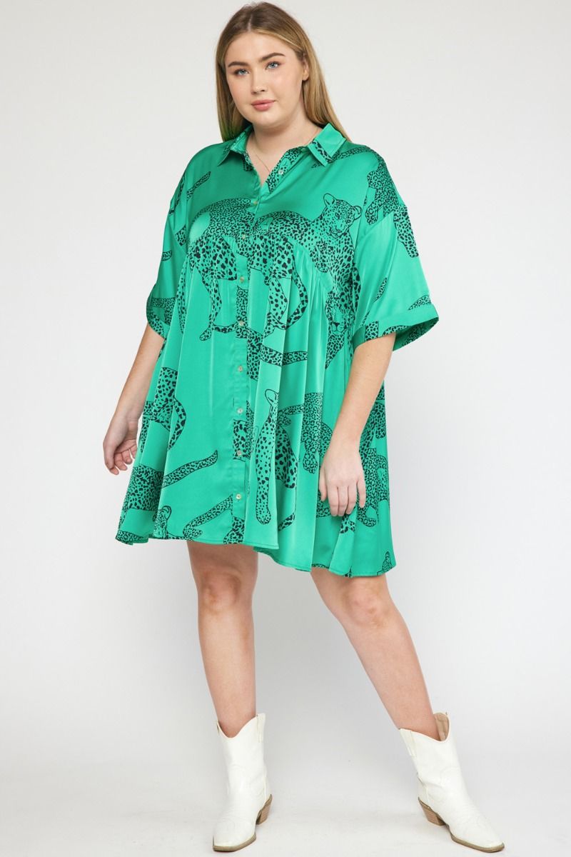 Jada Leopard Satin Dress, Green | Plus Size