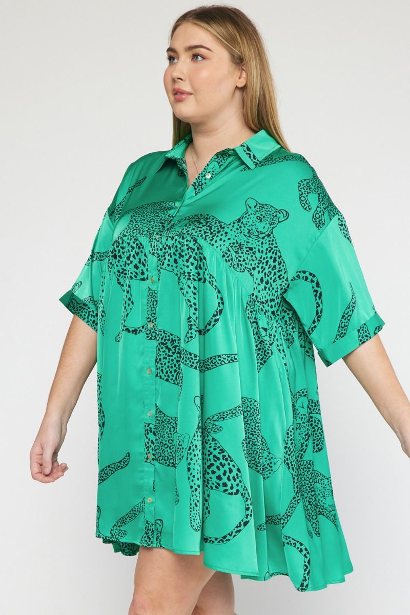 Jada Leopard Satin Dress, Green | Plus Size