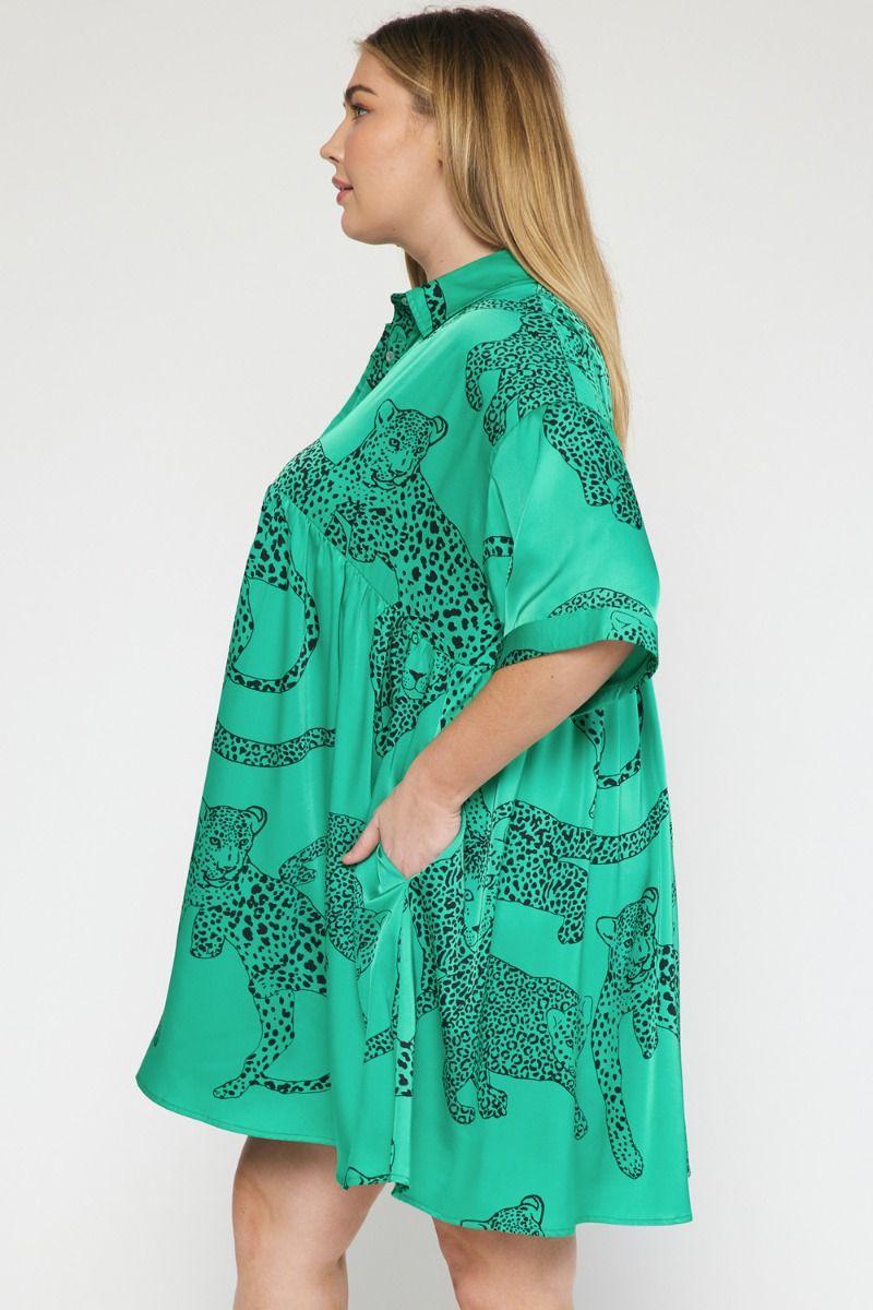 Jada Leopard Satin Dress, Green | Plus Size