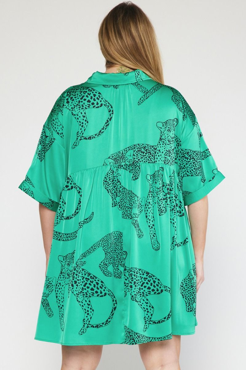 Jada Leopard Satin Dress, Green | Plus Size