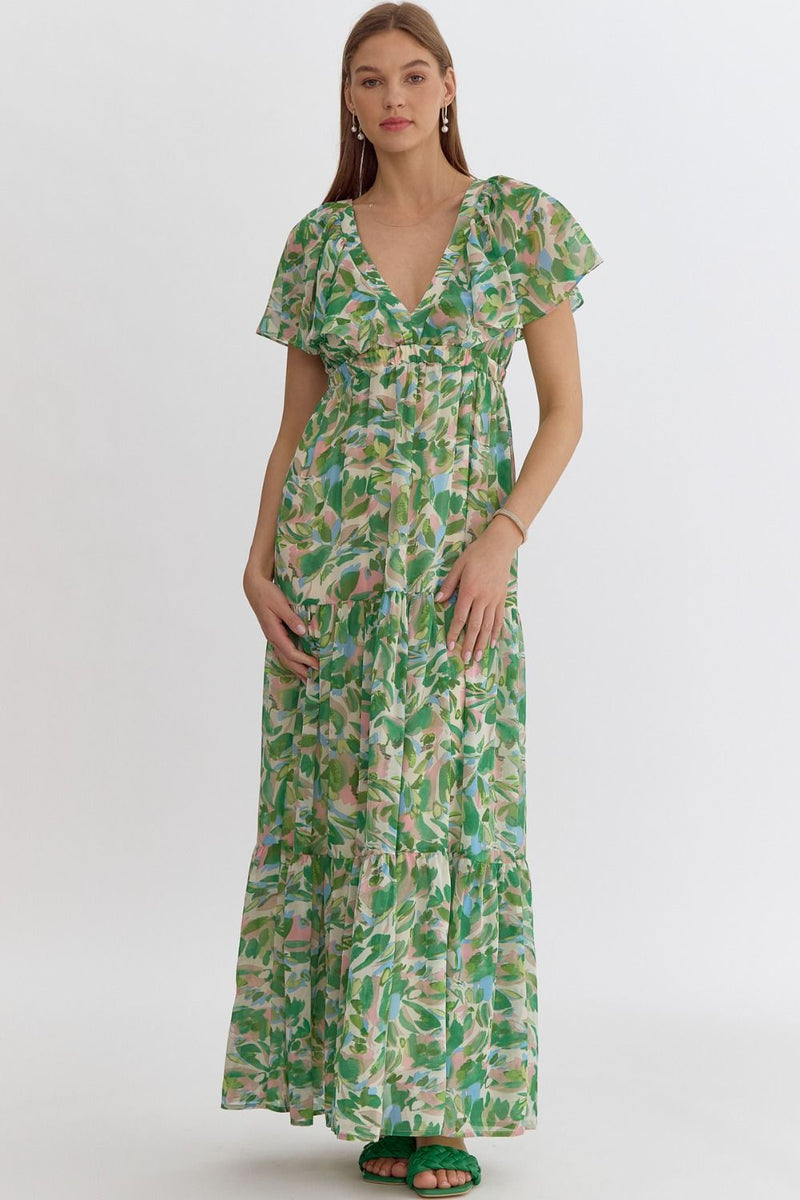 Ella Printed Tiered Maxi Dress, Green Multi
