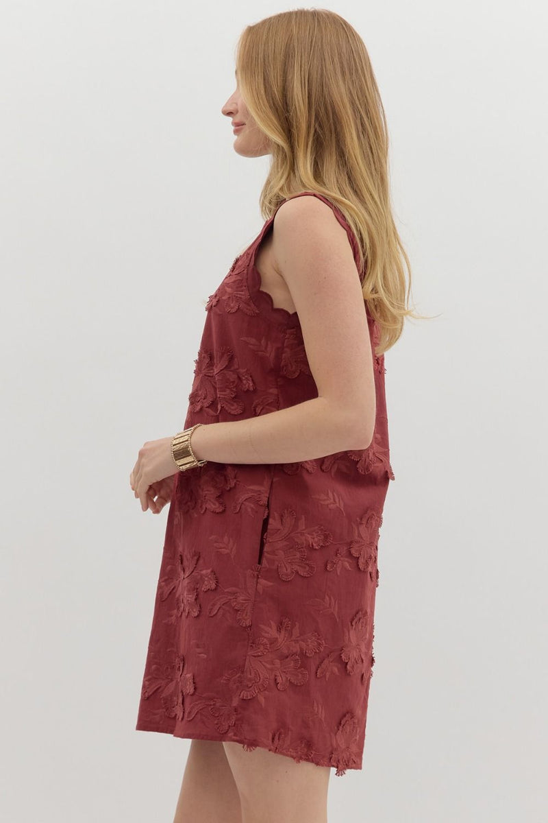 Cali 3D Floral Applique Mini Dress, Burgundy