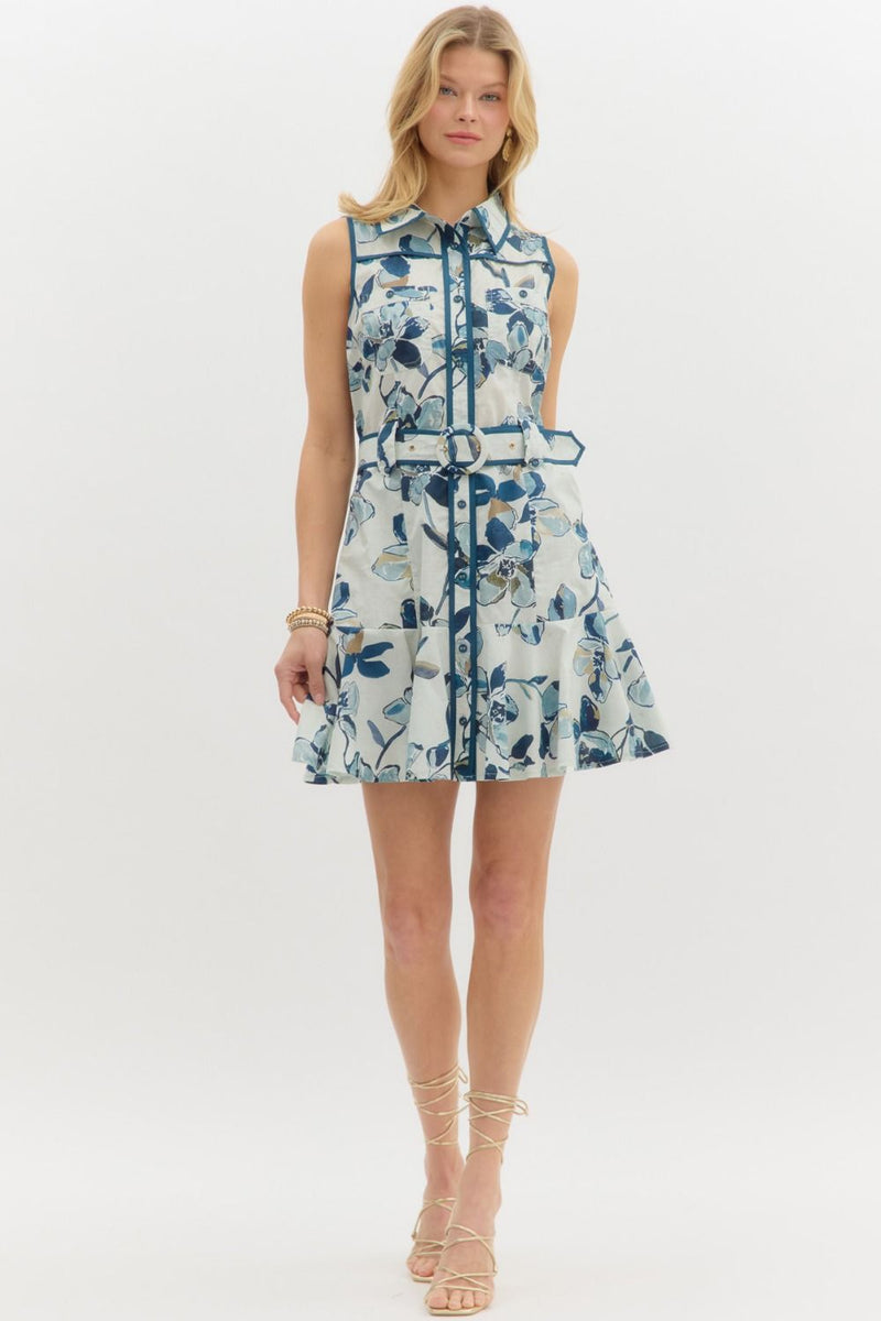 Alexis Floral Sleeveless Belted Dress, Navy