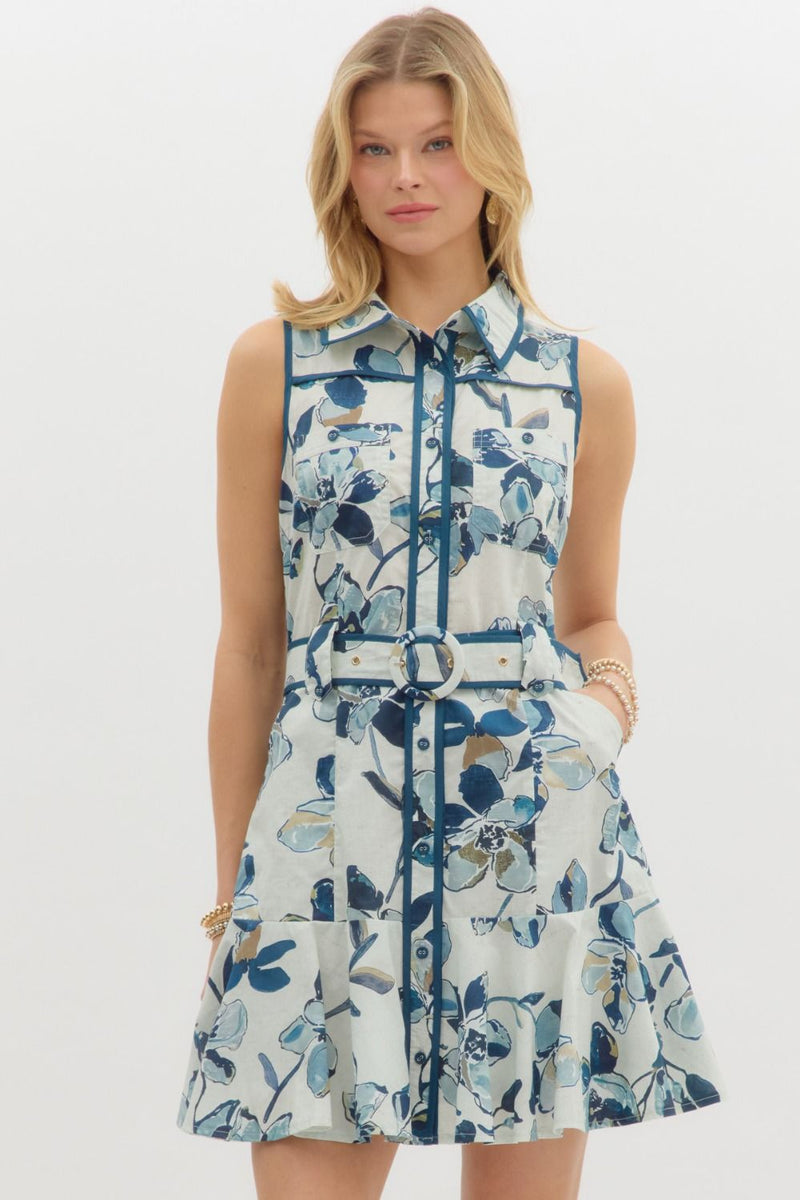 Alexis Floral Sleeveless Belted Dress, Navy