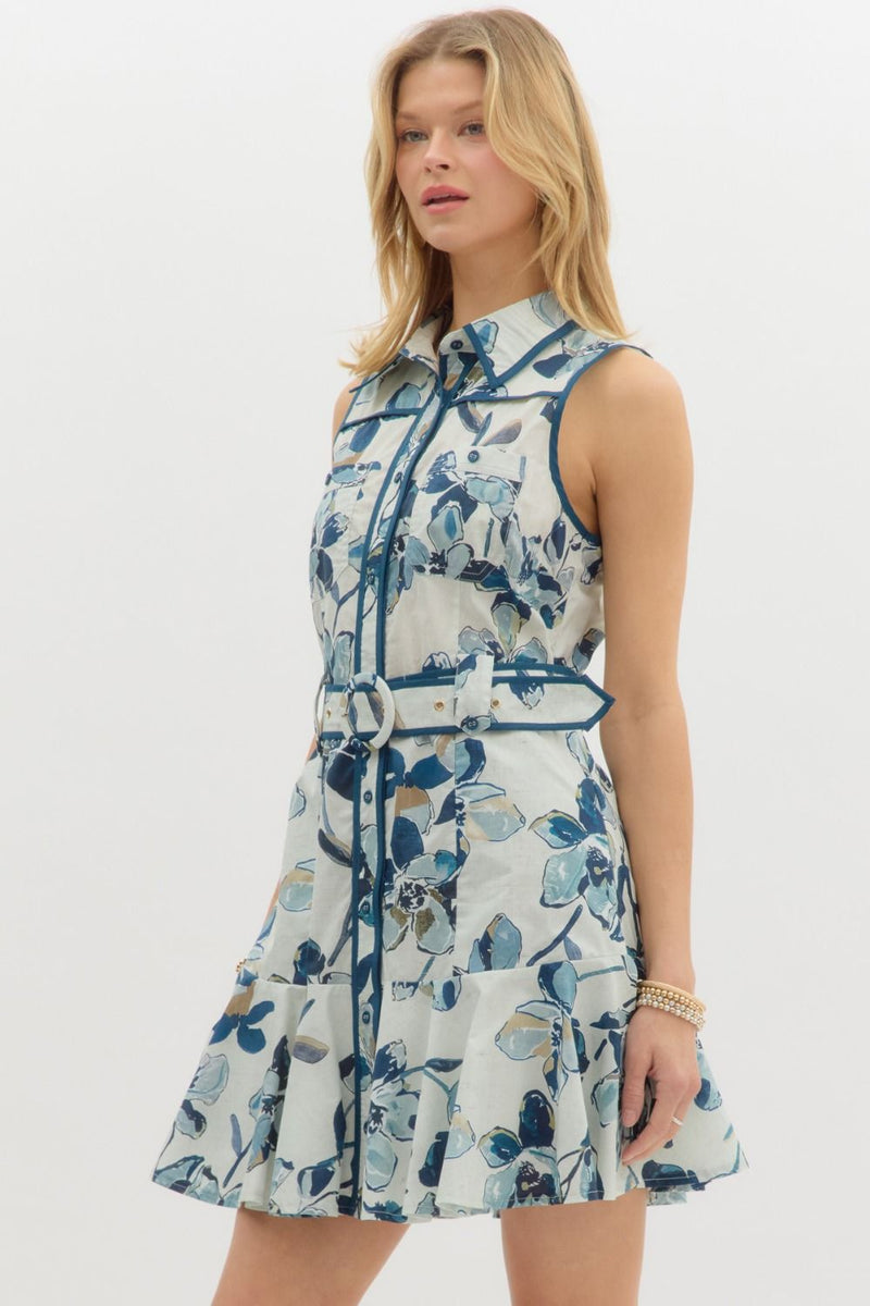 Alexis Floral Sleeveless Belted Dress, Navy