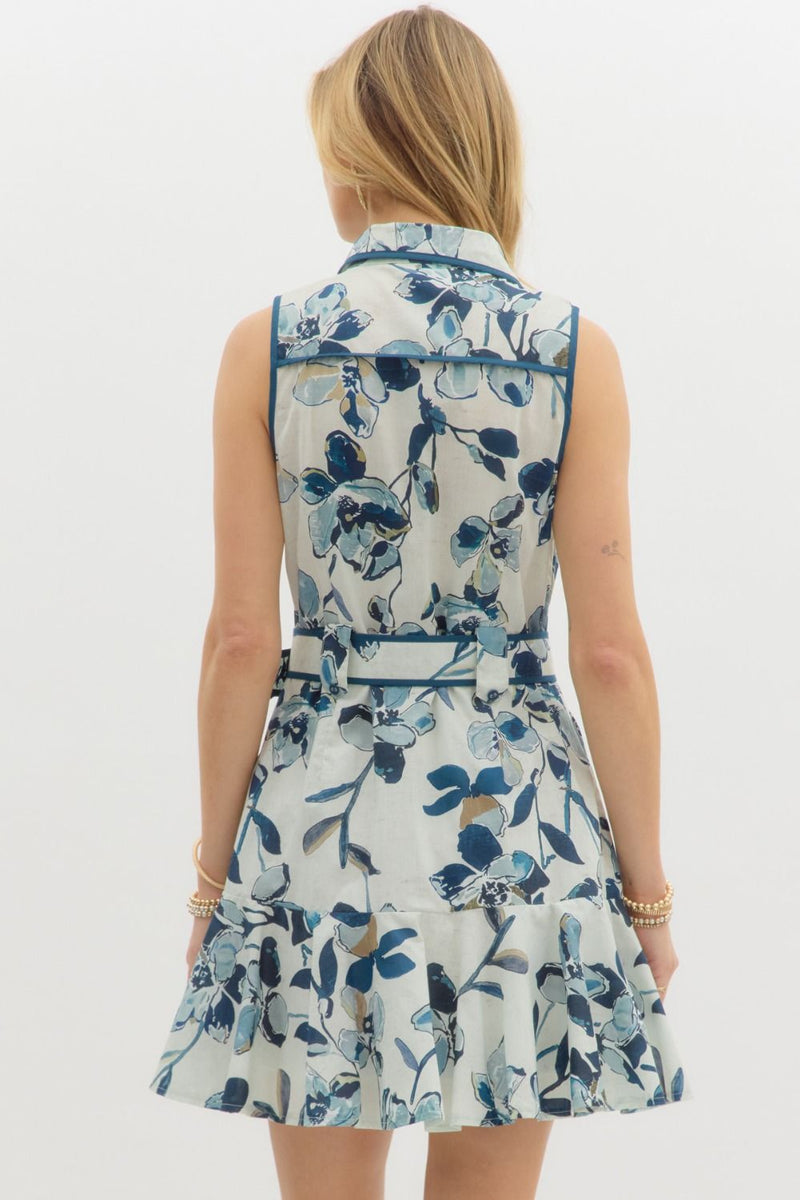 Alexis Floral Sleeveless Belted Dress, Navy