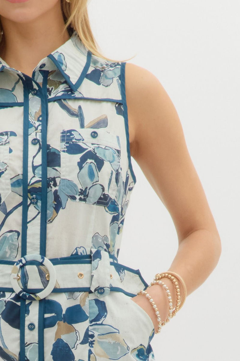 Alexis Floral Sleeveless Belted Dress, Navy