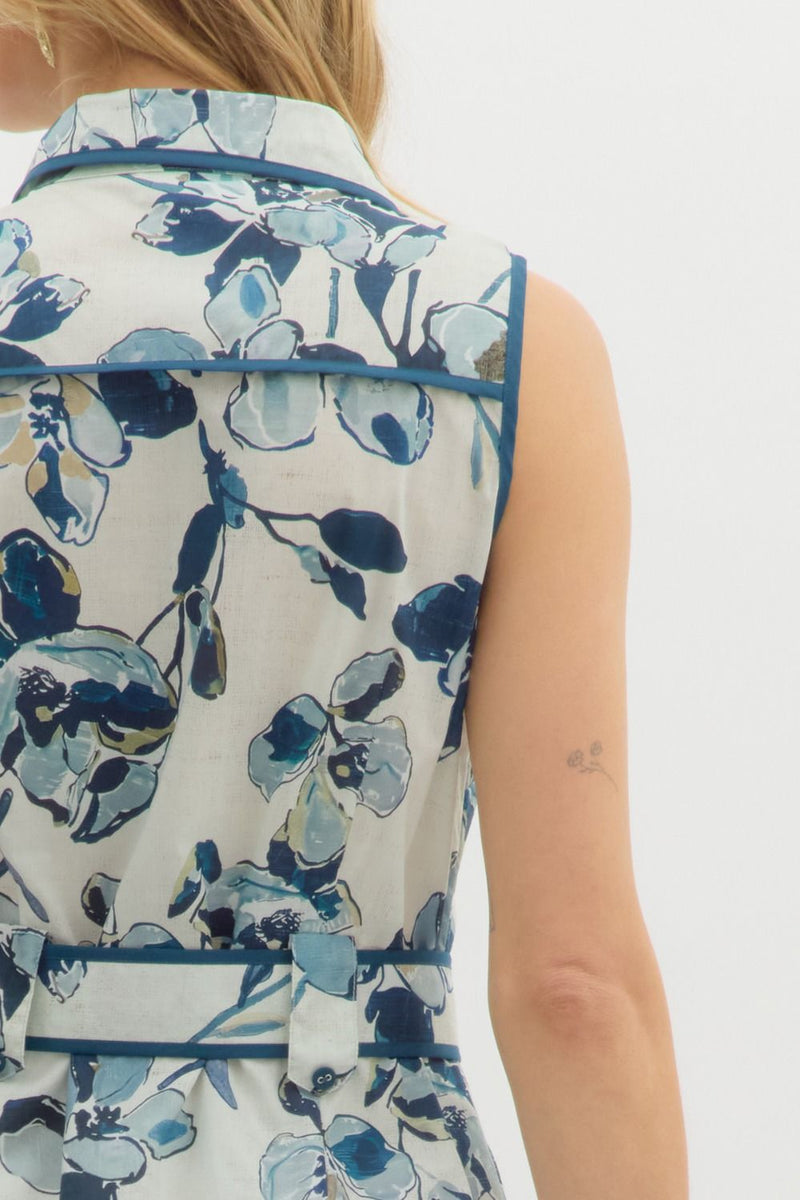Alexis Floral Sleeveless Belted Dress, Navy
