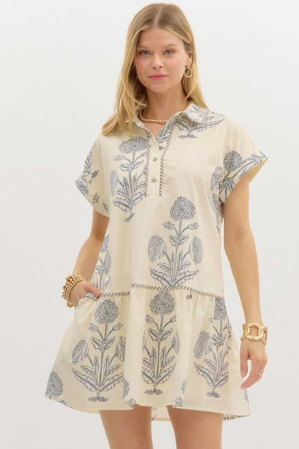 Isabella Printed Collared Mini Dress, Cream